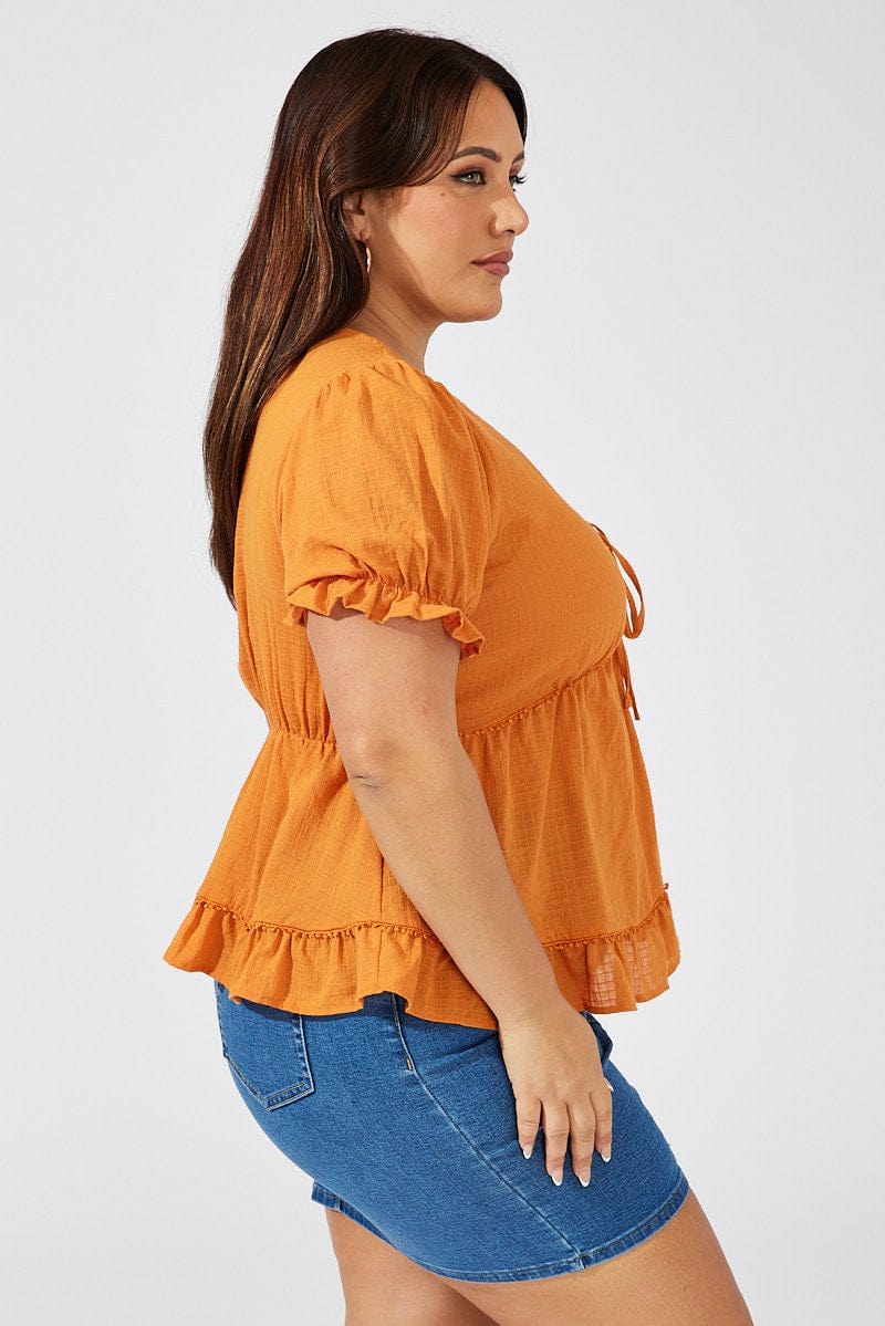Brown Smock Top Short Sleeve Tie Front - Image 4