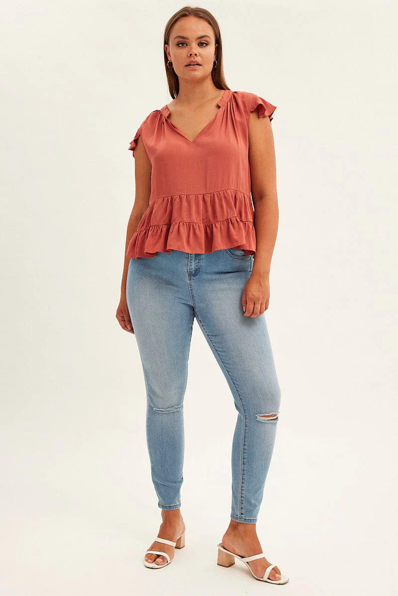 Brown Smock Top Short Sleeve V-neck Tiered - Image 2