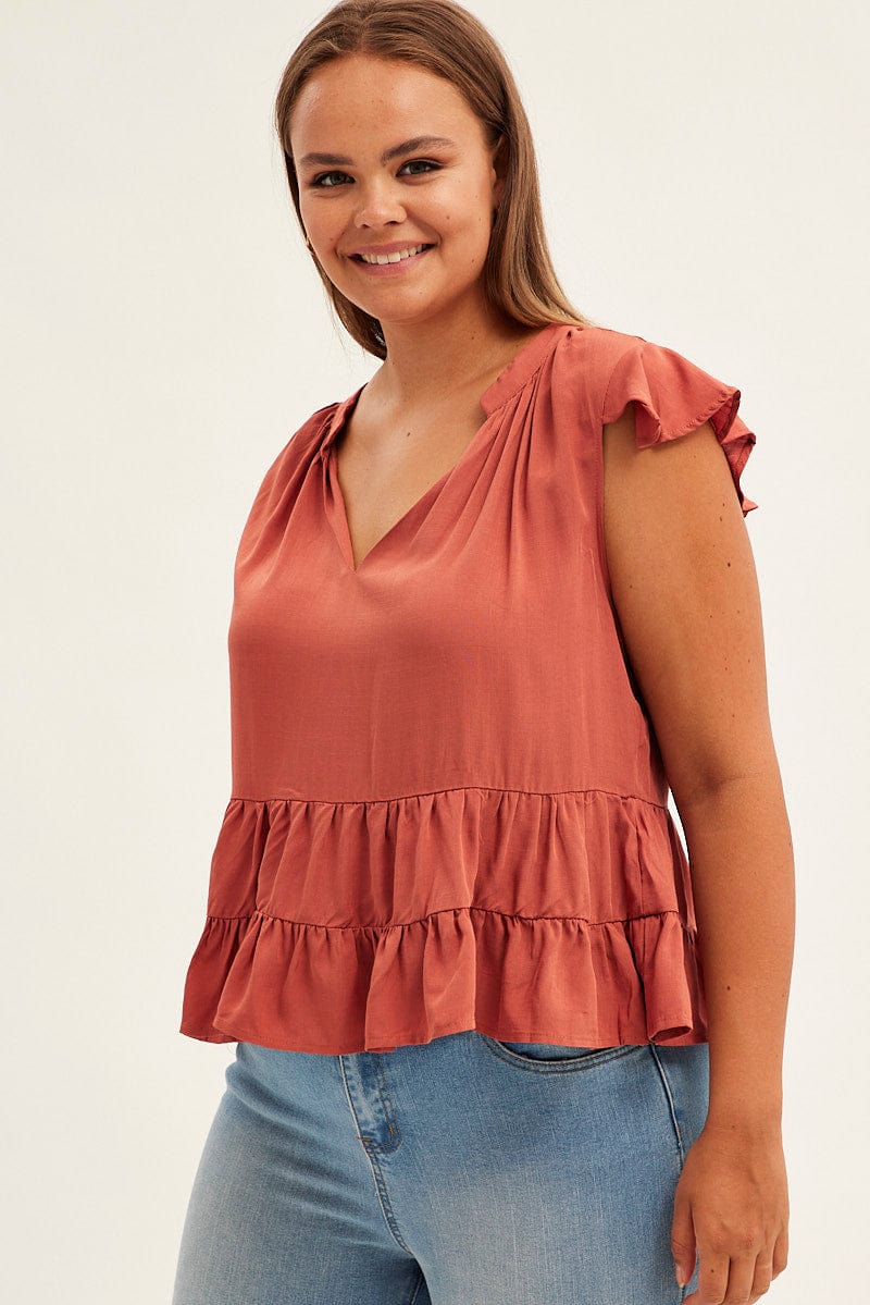 Brown Smock Top Short Sleeve V-neck Tiered - Image 3