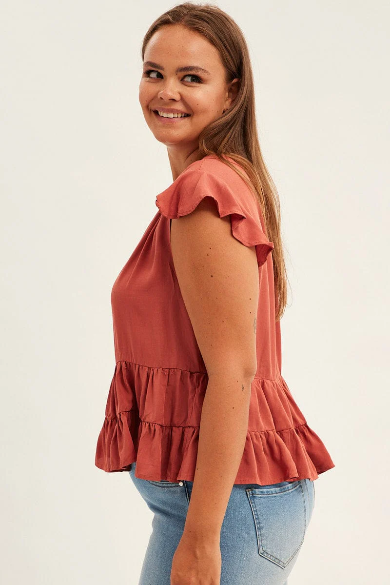 Brown Smock Top Short Sleeve V-neck Tiered - Image 4
