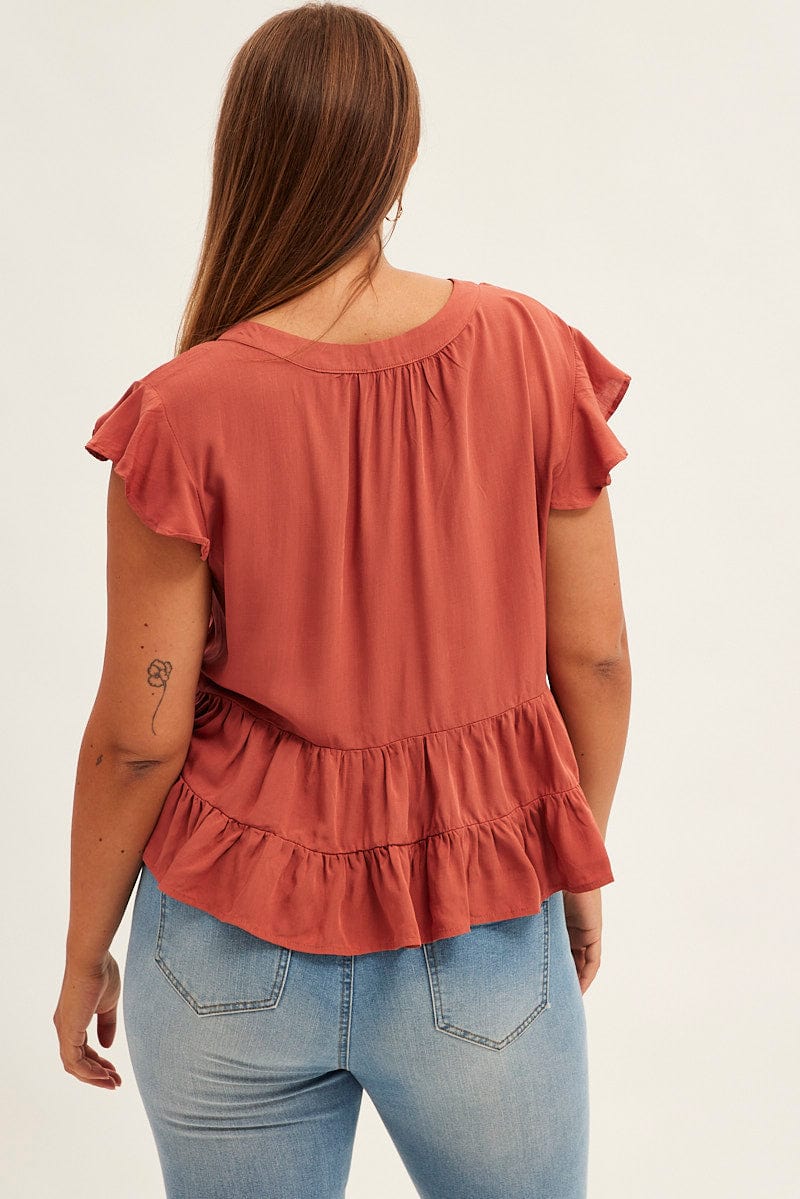Brown Smock Top Short Sleeve V-neck Tiered - Image 5