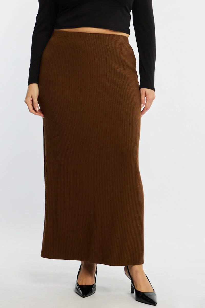 Brown Soft Touch Maxi Skirt Rib - Image 3
