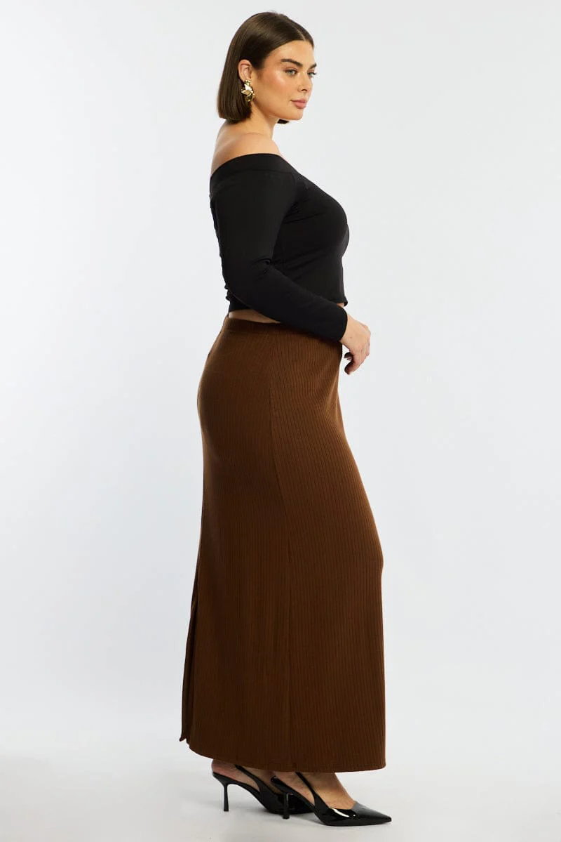 Brown Soft Touch Maxi Skirt Rib - Image 5