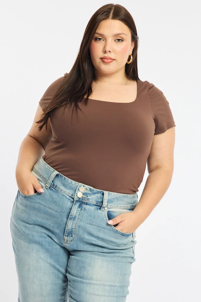 Brown Square Neck Top Short Sleeve Double Layered - Image 3