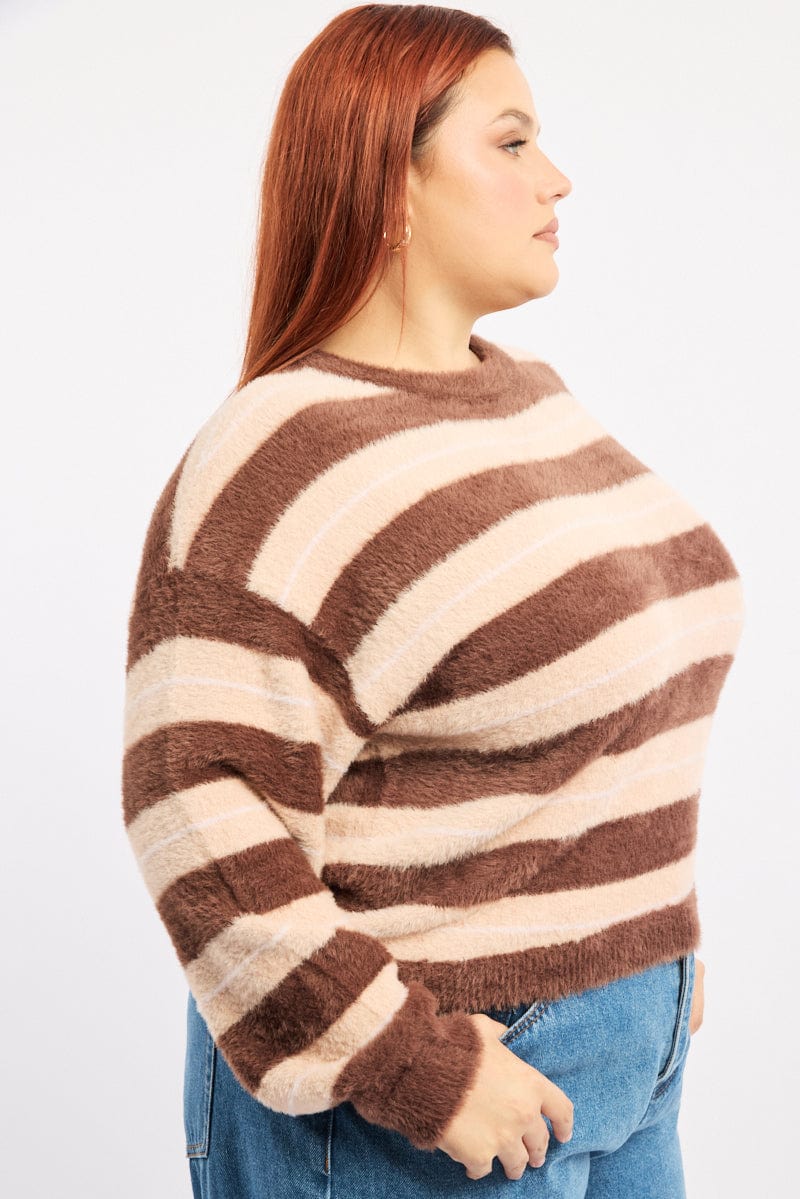 Brown Stripe Jumper Long Sleeve Crew Neck - Image 3