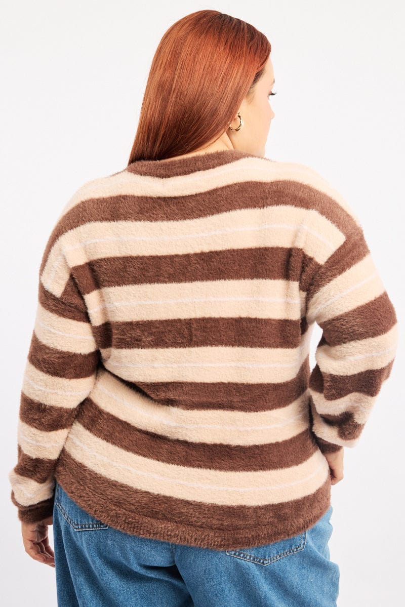 Brown Stripe Jumper Long Sleeve Crew Neck - Image 4