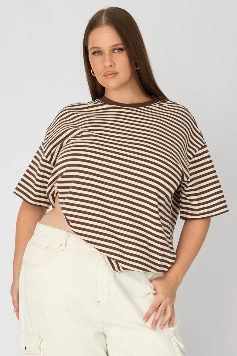 Brown Stripe Oversize Tee Short Sleeve