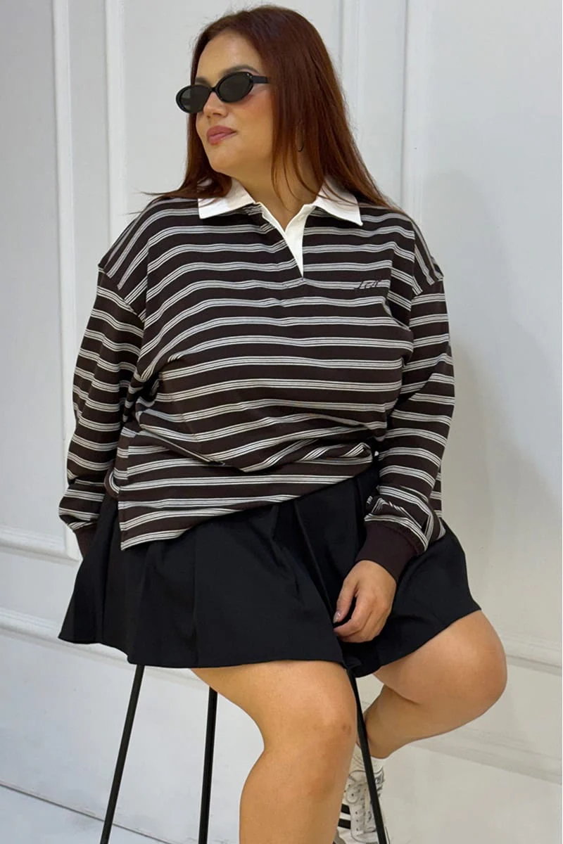 Brown Stripe Polo Top Long Sleeve - Image 2
