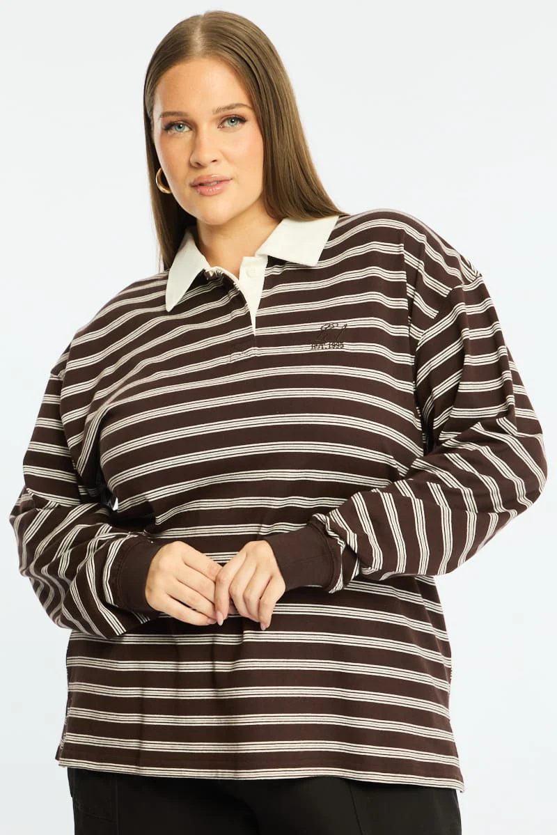 Brown Stripe Polo Top Long Sleeve - Image 3