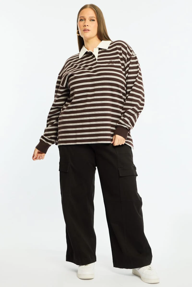 Brown Stripe Polo Top Long Sleeve - Image 4
