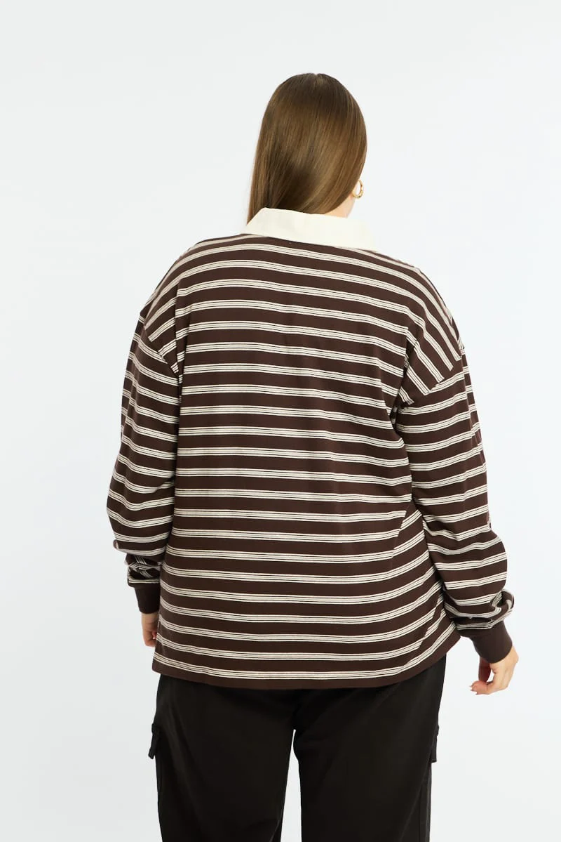 Brown Stripe Polo Top Long Sleeve - Image 6
