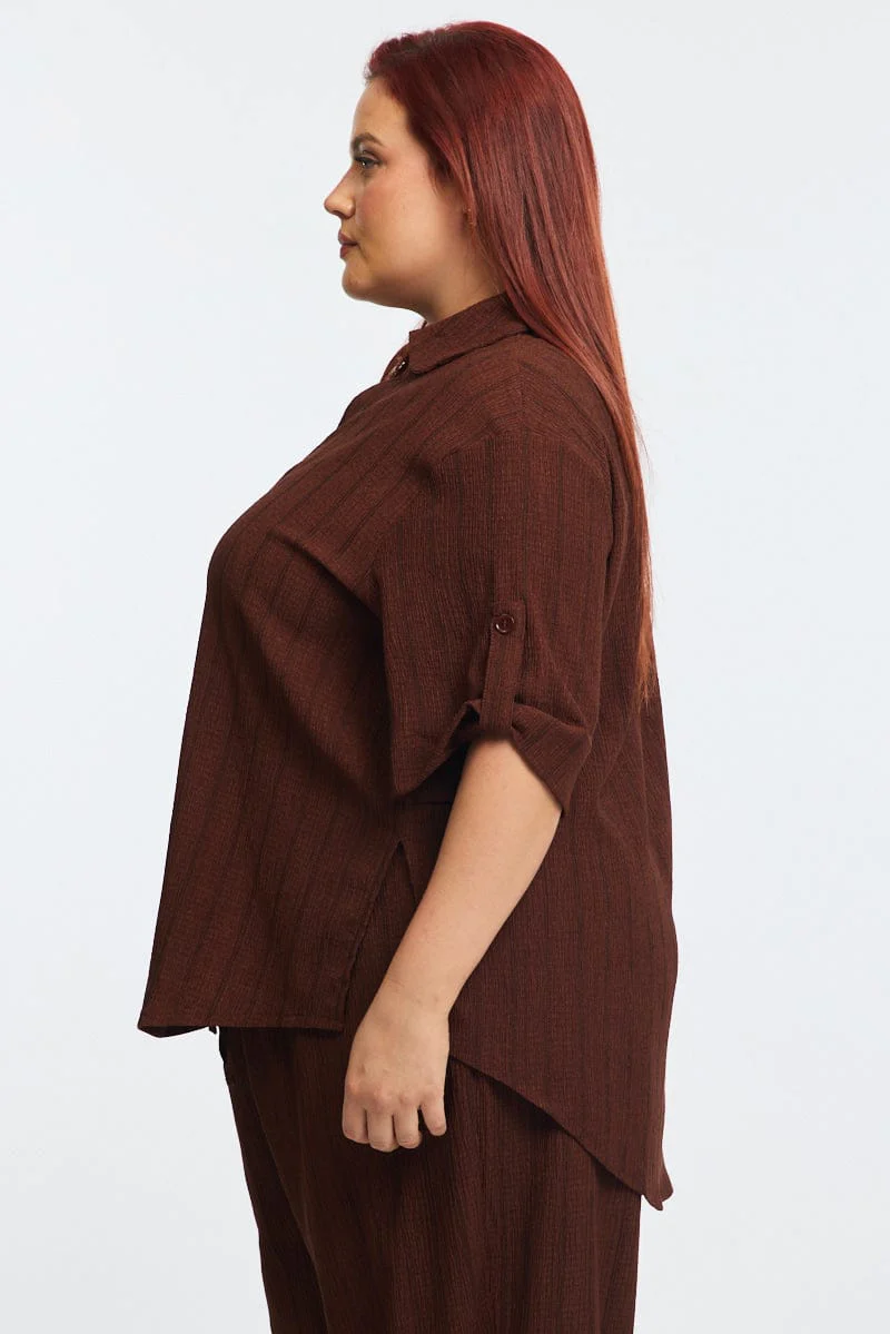 Brown Stripe Relaxed Shirt Short Sleeve Textured - Image 4