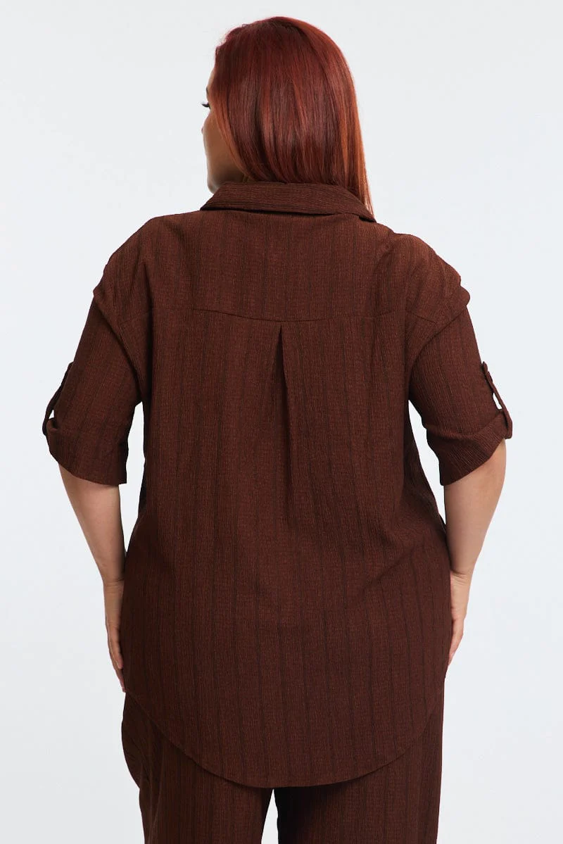 Brown Stripe Relaxed Shirt Short Sleeve Textured - Image 5