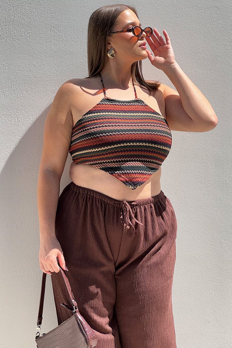 Brown Stripe Scarf Top Sleeveless Knit Like Textured