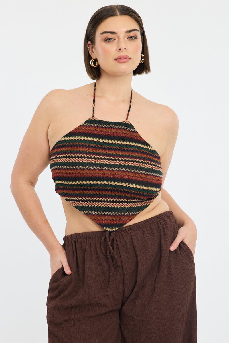 Brown Stripe Scarf Top Sleeveless Knit Like Textured - Image 2