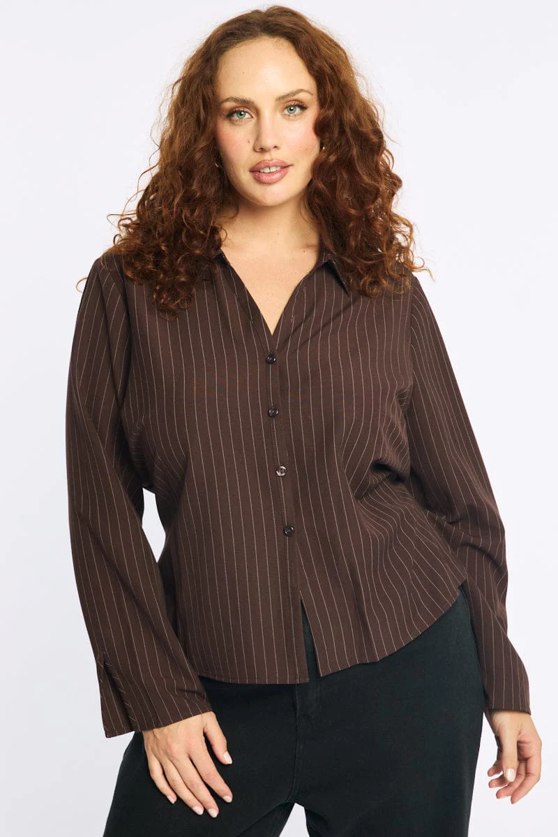 Brown Stripe Shirt Long Sleeves Collared Button Up Pinstripe