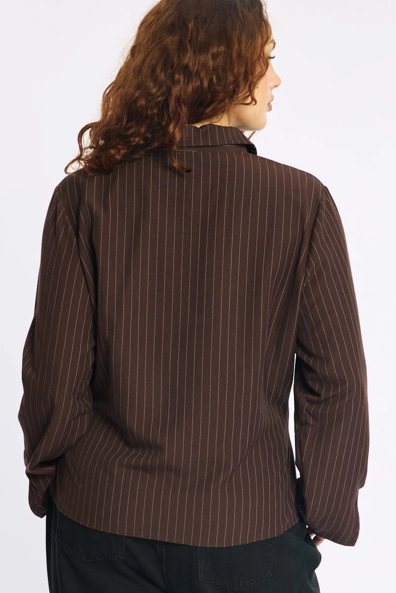 Brown Stripe Shirt Long Sleeves Collared Button Up Pinstripe - Image 4