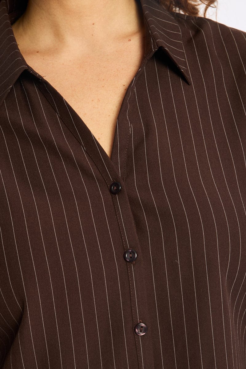 Brown Stripe Shirt Long Sleeves Collared Button Up Pinstripe - Image 5