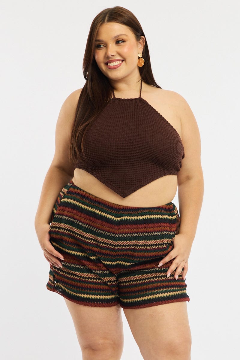 Brown Stripe Shorts Elastic Waist
