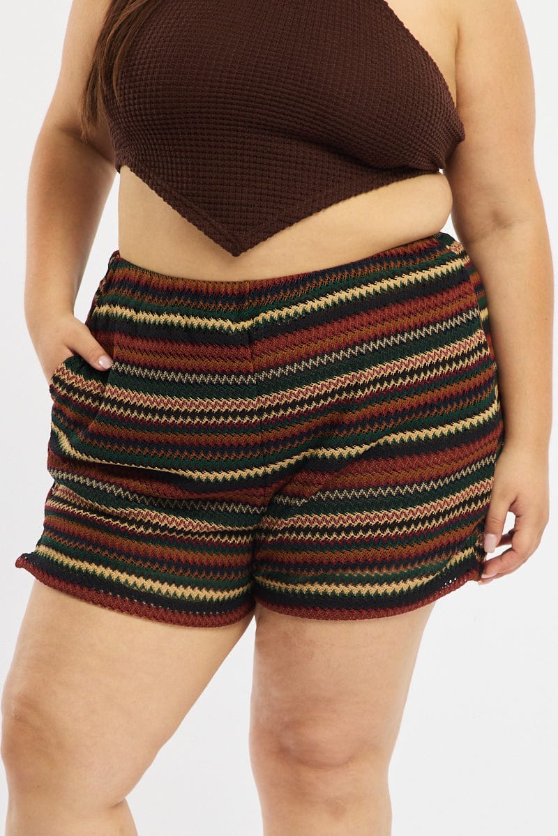 Brown Stripe Shorts Elastic Waist - Image 2