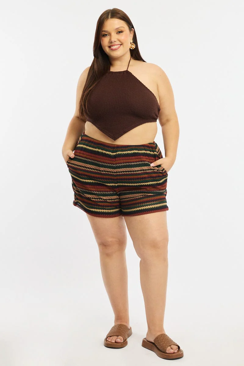 Brown Stripe Shorts Elastic Waist - Image 3
