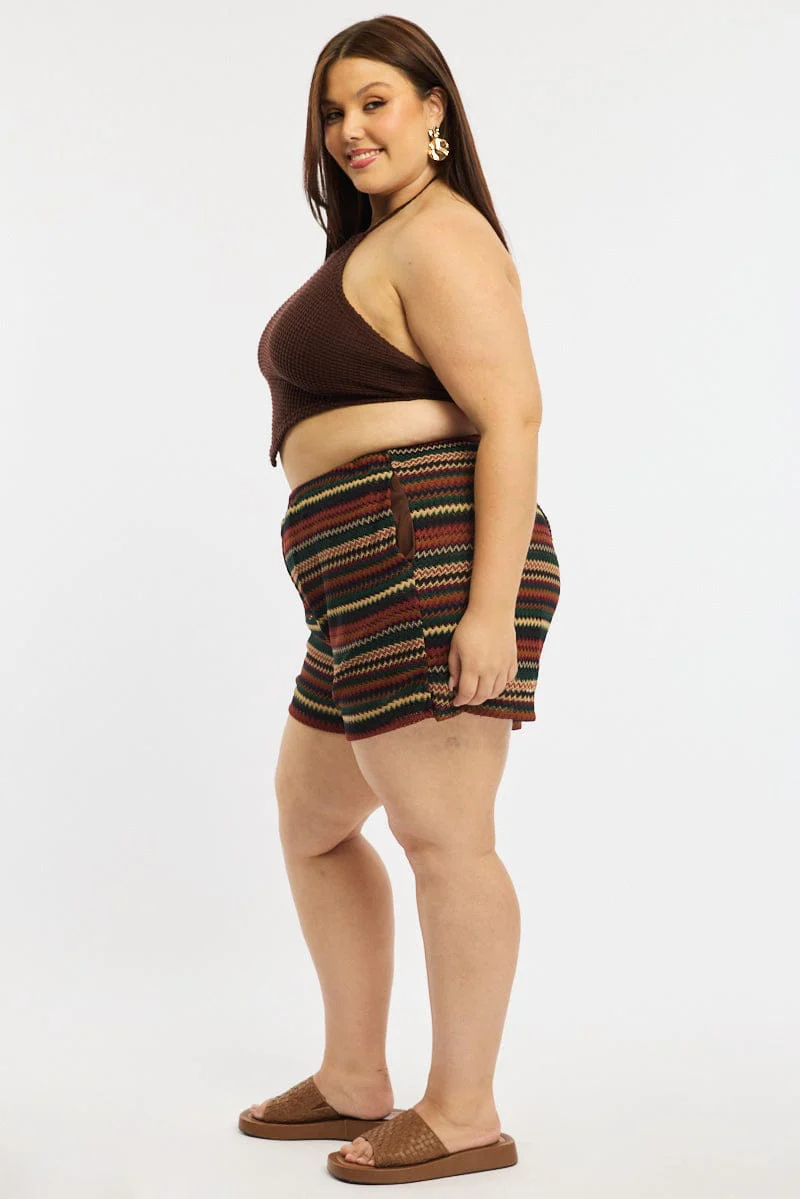 Brown Stripe Shorts Elastic Waist - Image 4