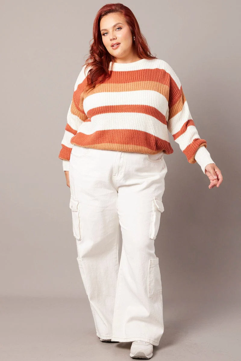 Brown Stripe Stripe Knit Jumper Long Sleeve Round Neck - Image 2