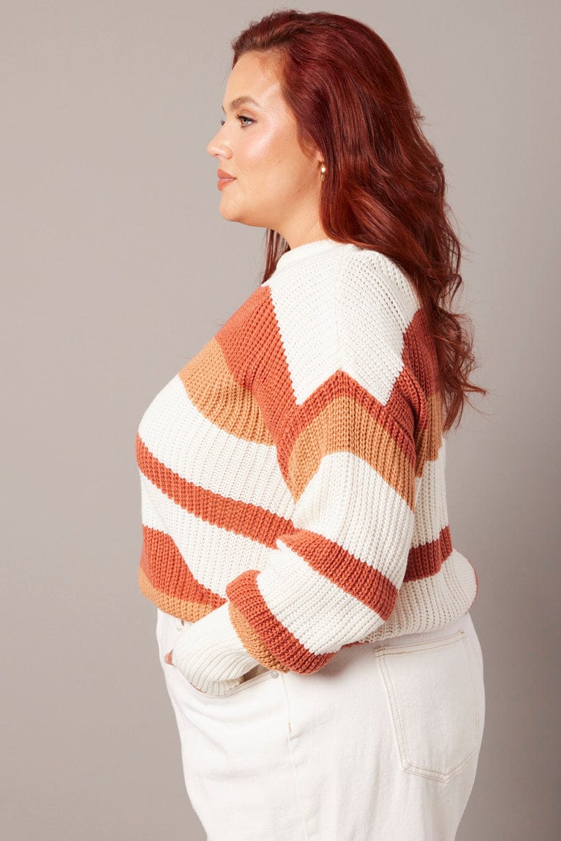 Brown Stripe Stripe Knit Jumper Long Sleeve Round Neck - Image 4