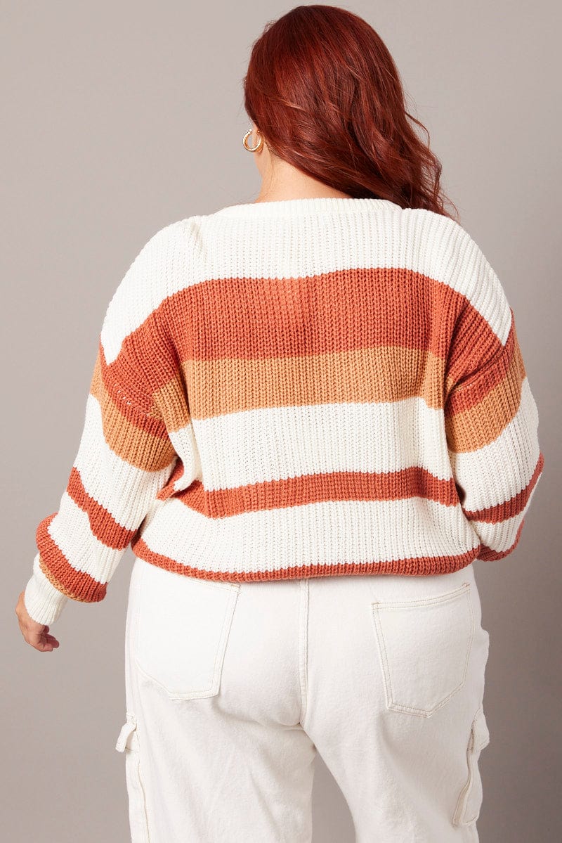 Brown Stripe Stripe Knit Jumper Long Sleeve Round Neck - Image 5