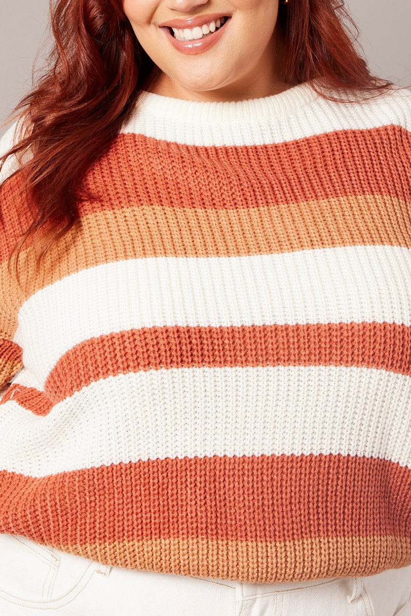 Brown Stripe Stripe Knit Jumper Long Sleeve Round Neck - Image 6