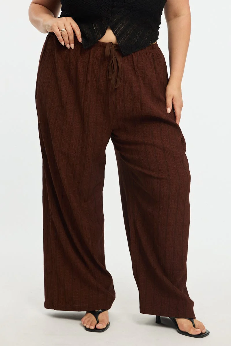 Brown Stripe Wide Leg Pants Elastic Waist - Image 2
