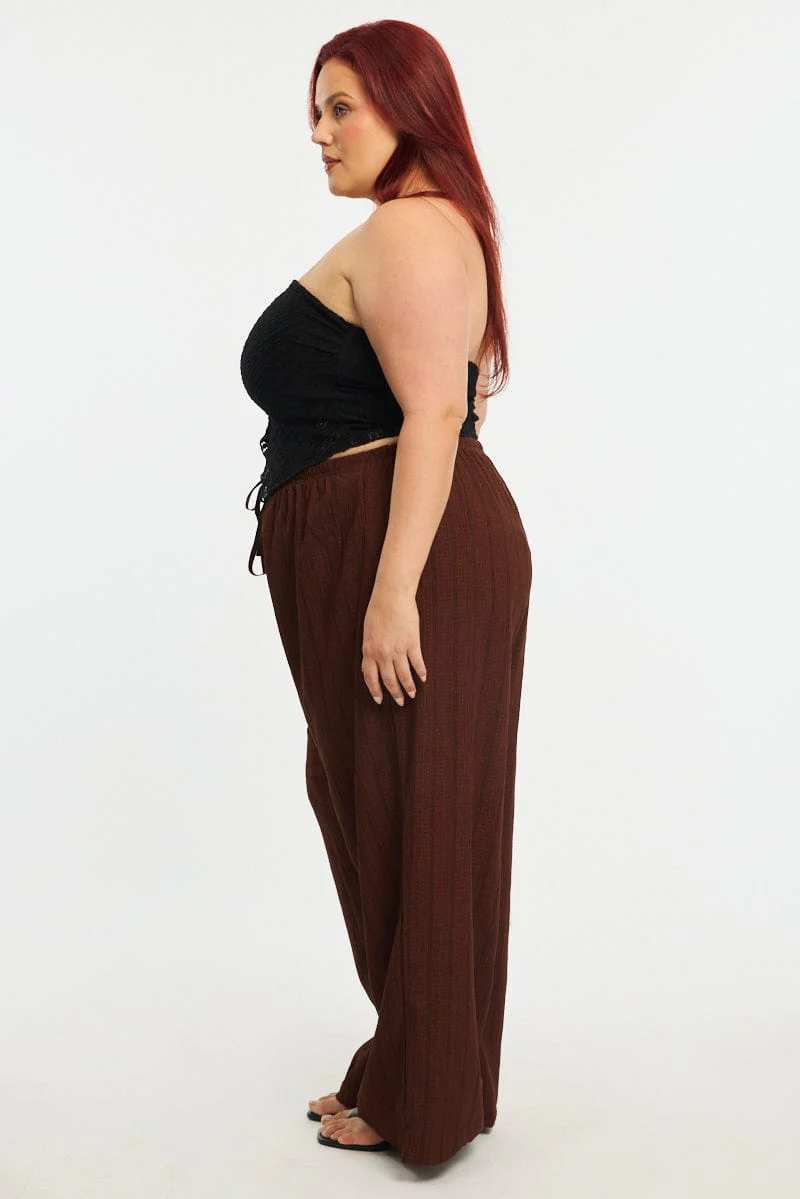 Brown Stripe Wide Leg Pants Elastic Waist - Image 3