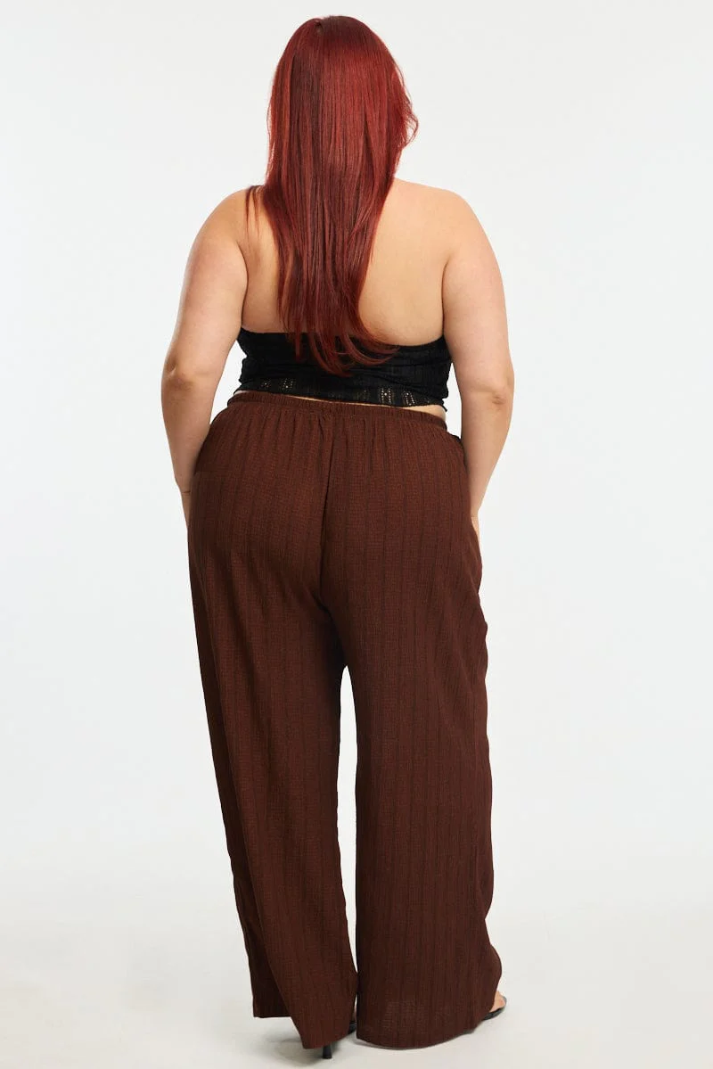 Brown Stripe Wide Leg Pants Elastic Waist - Image 4