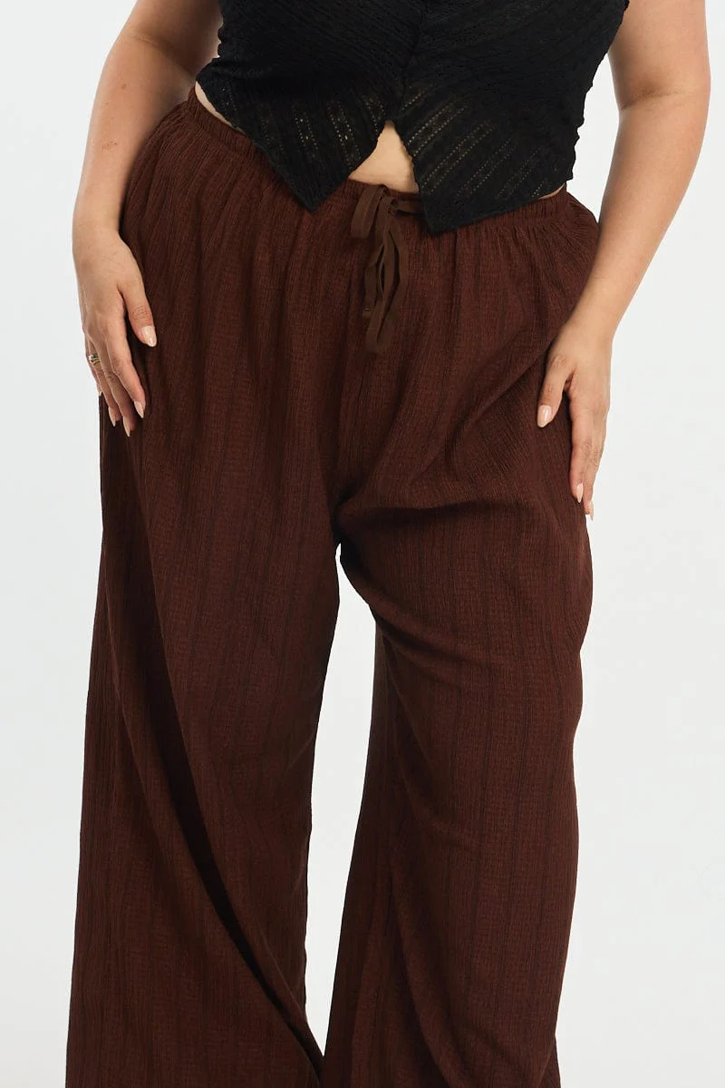 Brown Stripe Wide Leg Pants Elastic Waist - Image 5