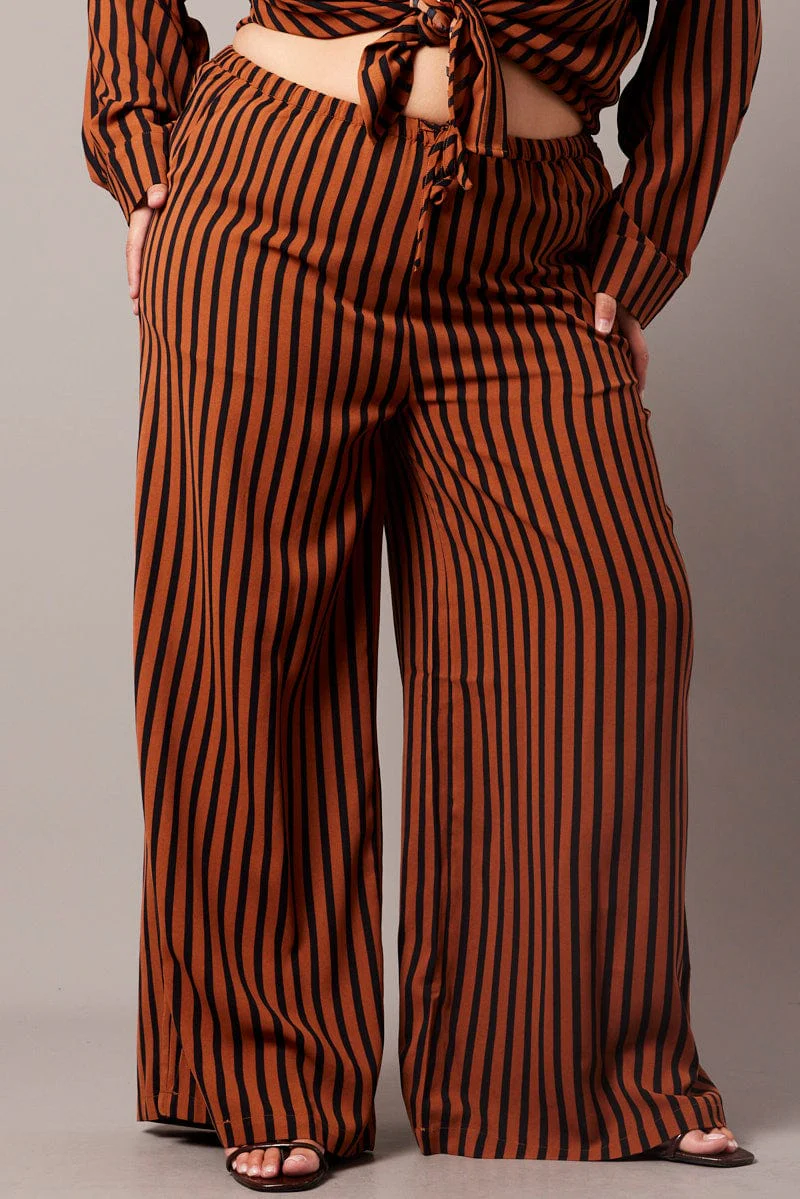 Brown Stripe Wide Leg Pants High Rise - Image 3