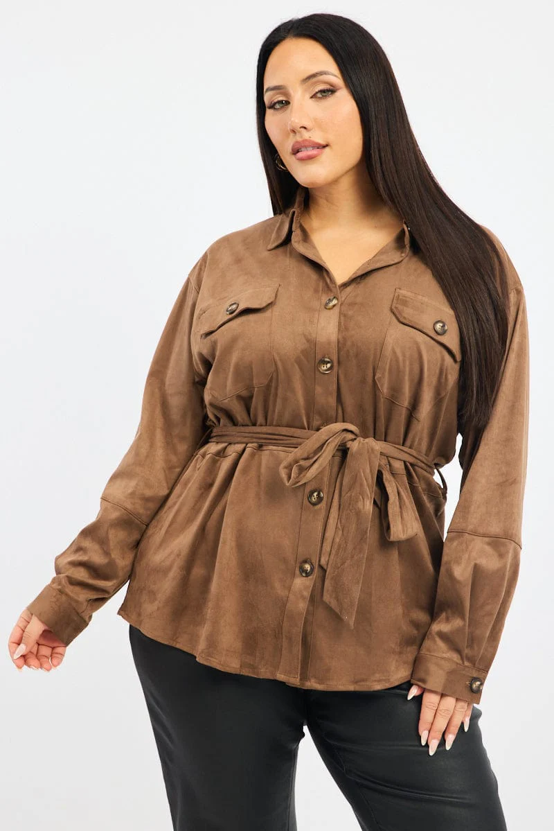 Brown Suede Shirt Long Sleeve Belted - Image 2