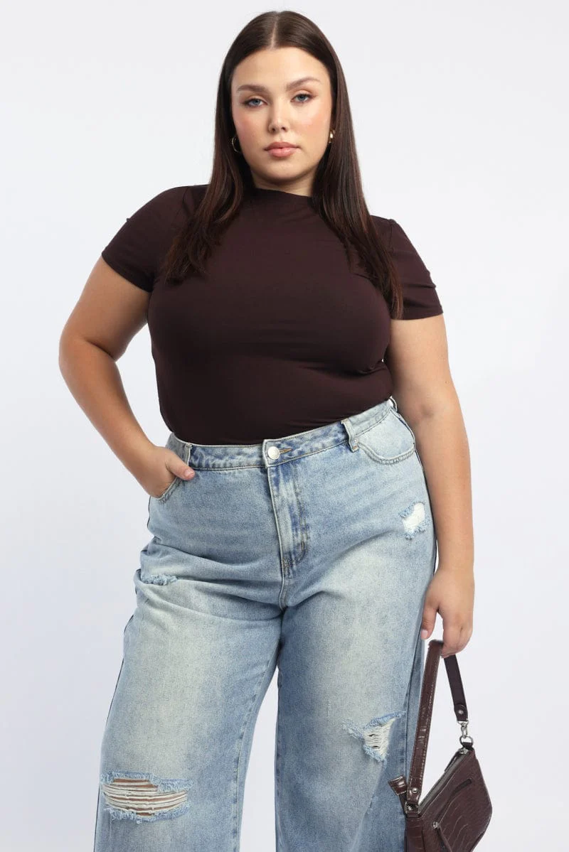 Brown T Shirt Short Sleeve Crew Neck Modal