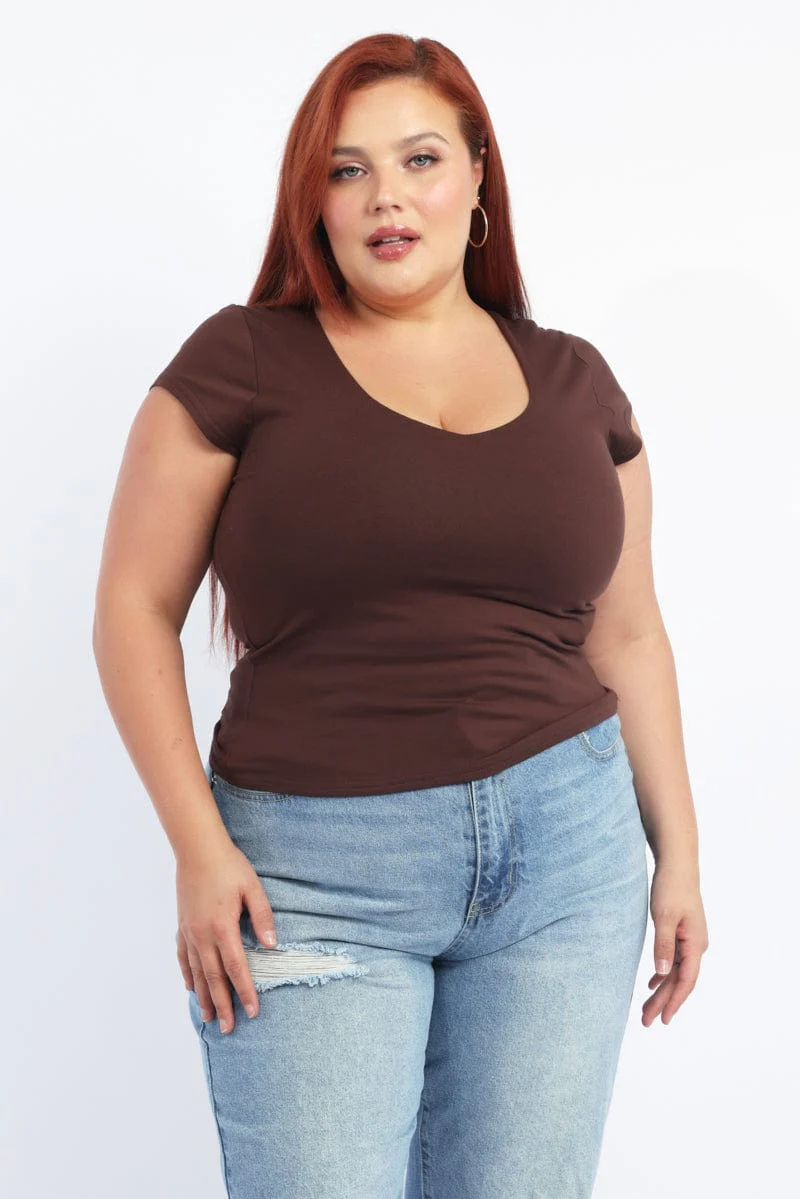 Brown T Shirt Short Sleeve V Neck