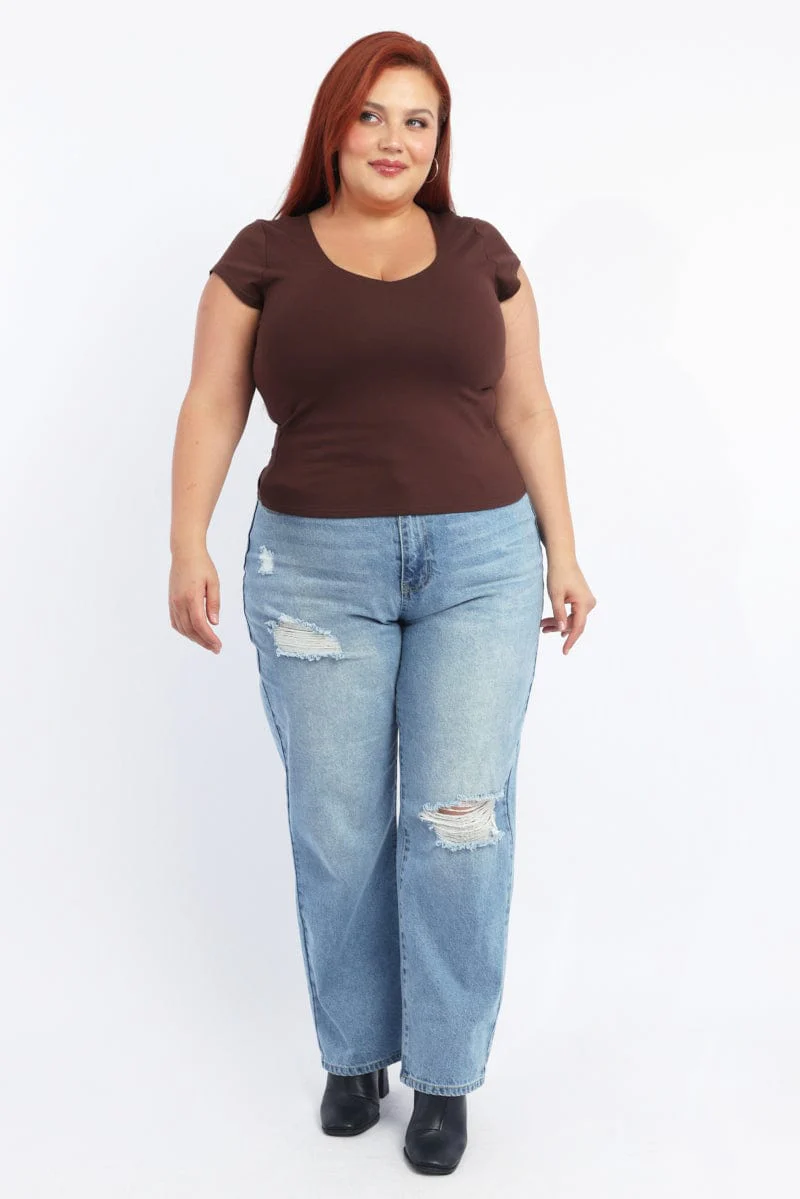 Brown T Shirt Short Sleeve V Neck - Image 2