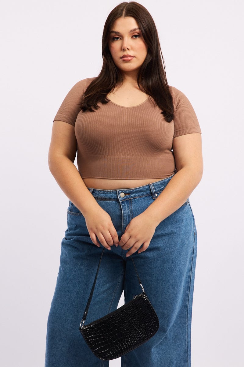 Brown T-shirt Short Sleeve V-Neck Seamless