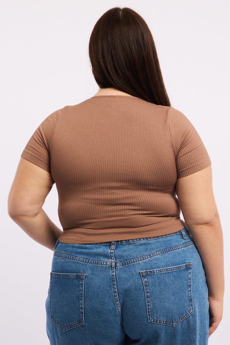 Brown T-shirt Short Sleeve V-Neck Seamless - Image 4