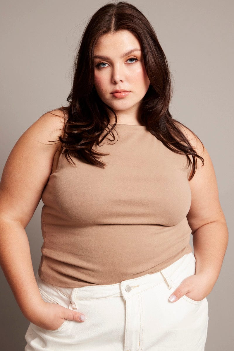 Brown Tank Top Sleeveless Boat Neck - Image 3