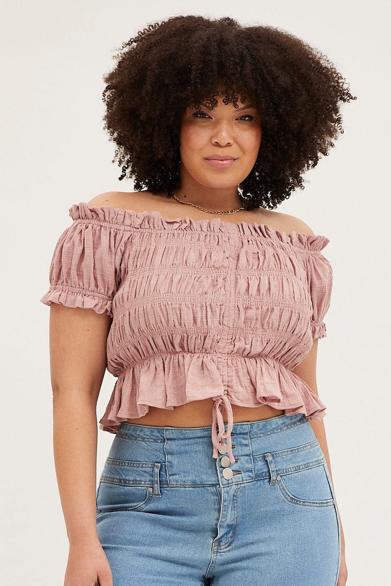 Brown Textured Cotton Ruched Crop Top - Image 3