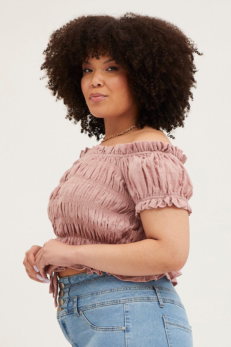 Brown Textured Cotton Ruched Crop Top - Image 4