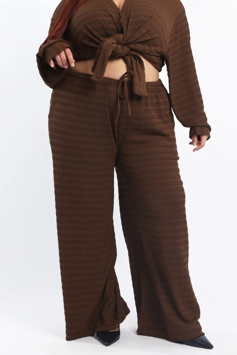 Brown Textured Drawstring Waist Wide Leg Pants - Image 2