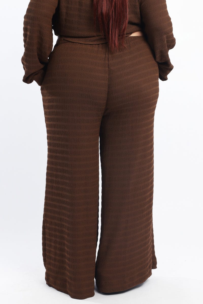 Brown Textured Drawstring Waist Wide Leg Pants - Image 5