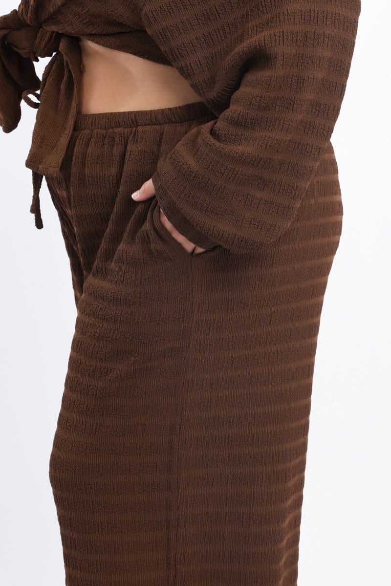 Brown Textured Drawstring Waist Wide Leg Pants - Image 6