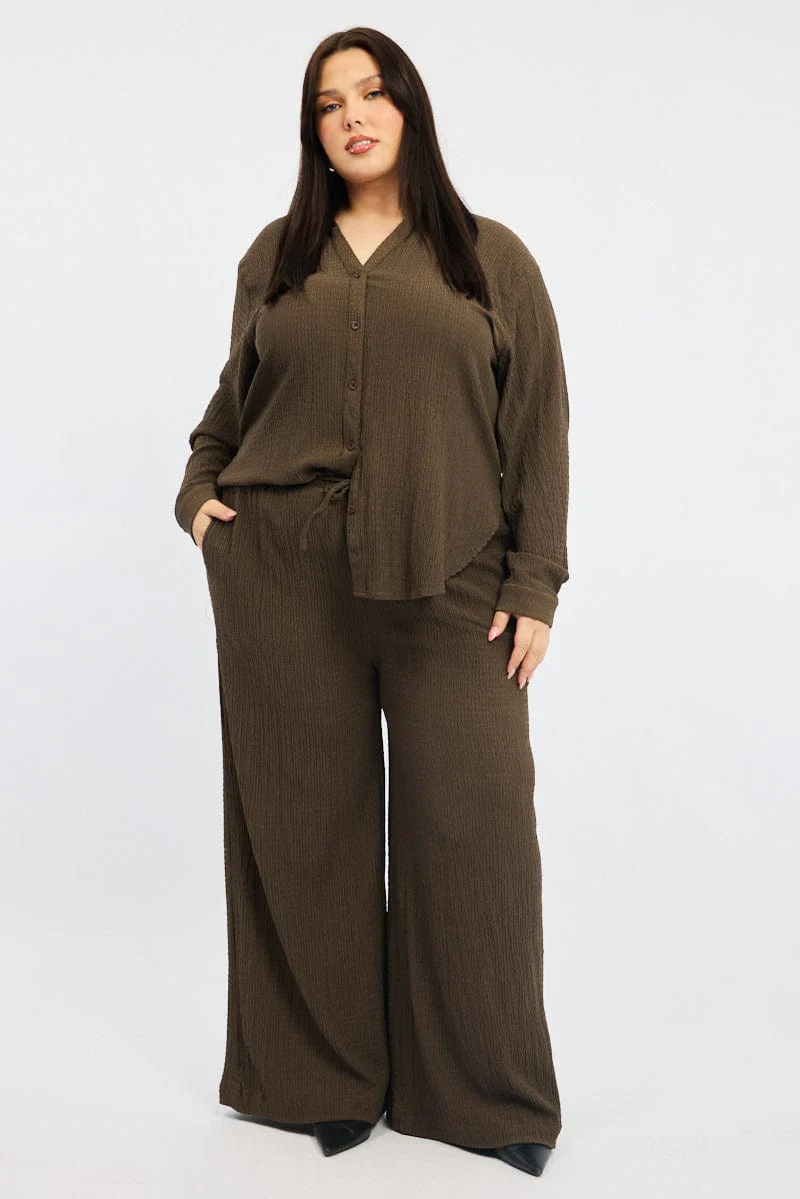 Brown Textured Elastic Waist Wide Leg Pants - Image 3