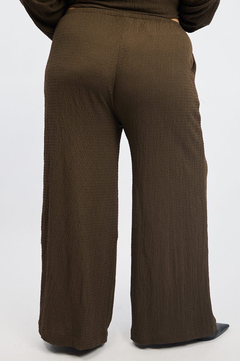 Brown Textured Elastic Waist Wide Leg Pants - Image 5