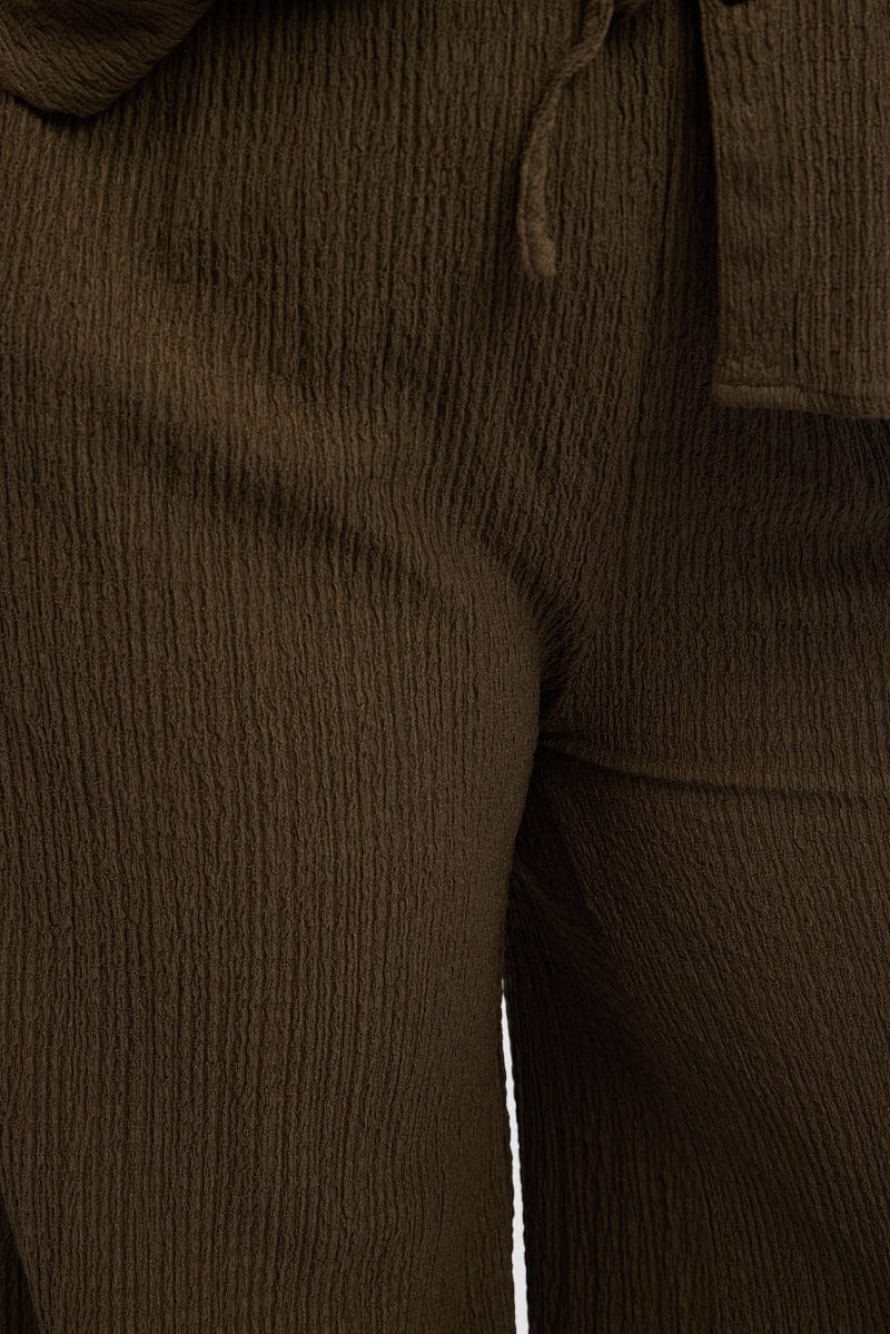Brown Textured Elastic Waist Wide Leg Pants - Image 6